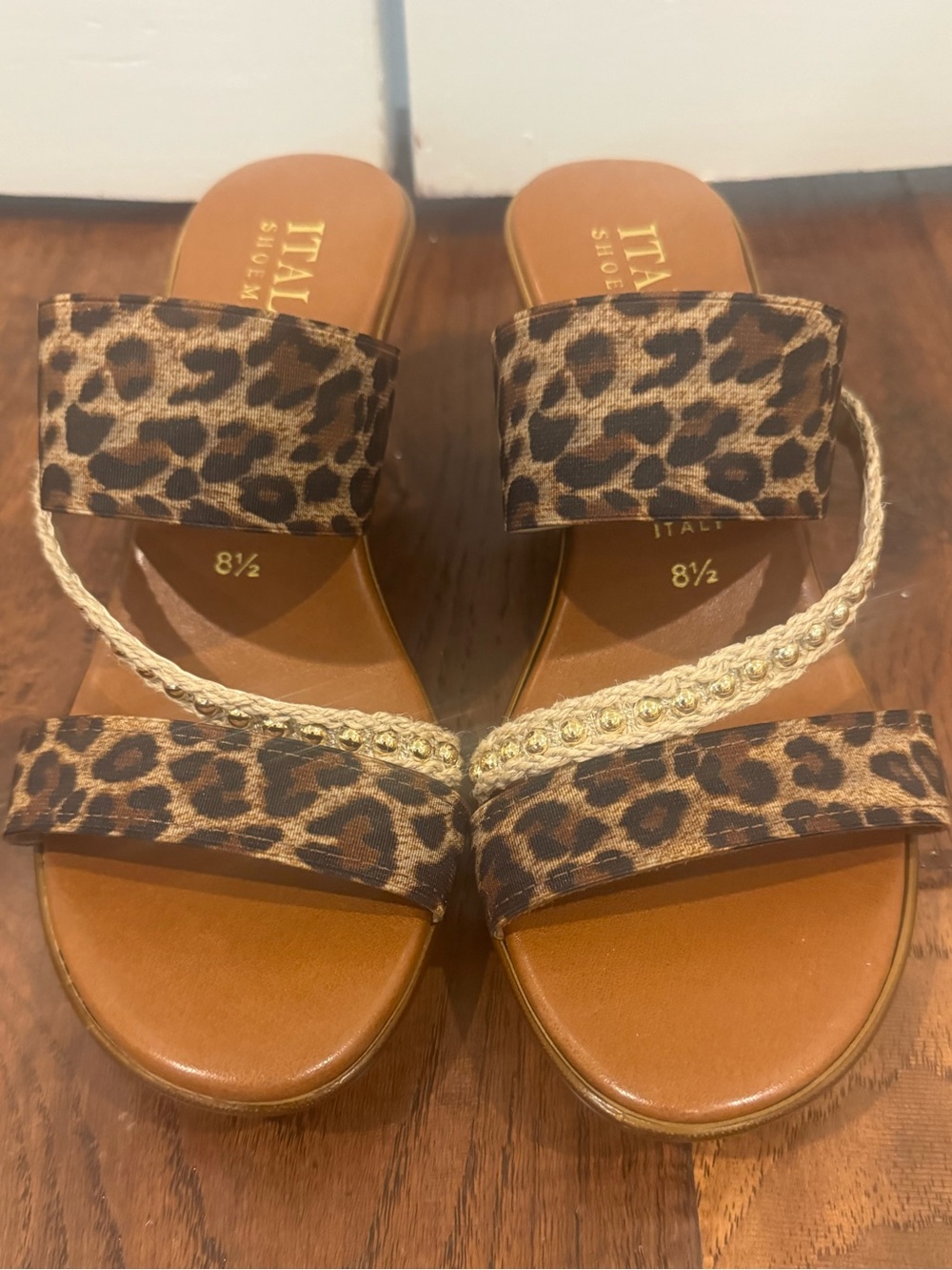 Italian Shoemakers Leopard Print Wedge Slides with Braided Gold Accent